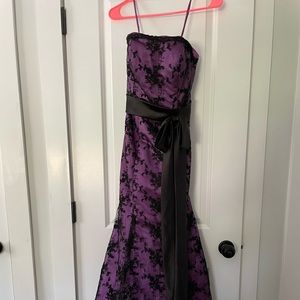 Purple mermaid style dress with black lace